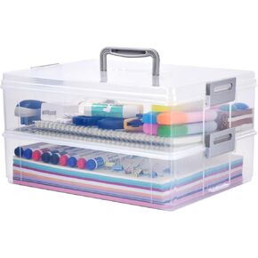 AZAZA 2-Layer Plastic Storage Box with Lid & Handle - Portable Transparent File Box for Organizing Photos, A4 Paper, Documents, Scrapbook, Art & Craft & Makeup | Paper & Art Supply Storage Organizer