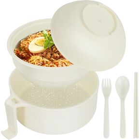 Microwave Ramen Noodle Bowl Set with Chopsticks, Spoon, Fork – 32 oz Portable Ramen Cooker for Dorm, Home, Office (Black)