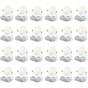 Amico 24 Pack 6 Inch 5CCT Ultra-Thin LED Recessed Ceiling Light with Junction Box, 2700K/3000K/3500K/4000K/5000K Selectable, 1050 Lumens, Dimmable Canless Wafer Downlight, 12W Eqv 110W-ETL&FCC