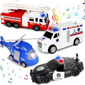 CORPER TOYS Set of 4 Friction Powered Emergency Vehicles Set with Sounds and Lights,Fire Truck,Ambulance,Police Car and Rescue Helicopter for Kids Gift for Birthday Christmas