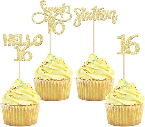 Gyufise 24Pcs Gold Glitter 16 Cupcake Toppers Sweet 16th Birthday Cake Toppers Hello 16 Sixteen Cupcake Picks for 16th Birthday Cake Decorations Supplies in Saudi Arabia