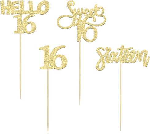 Gyufise 24Pcs Gold Glitter 16 Cupcake Toppers Sweet 16th Birthday Cake Toppers Hello 16 Sixteen Cupcake Picks for 16th Birthday Cake Decorations Supplies in Saudi Arabia