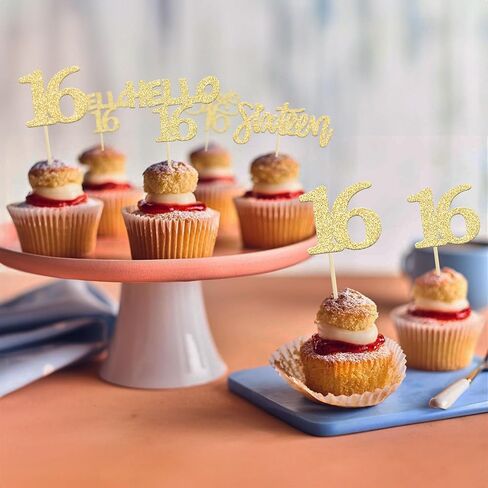 Gyufise 24Pcs Gold Glitter 16 Cupcake Toppers Sweet 16th Birthday Cake Toppers Hello 16 Sixteen Cupcake Picks for 16th Birthday Cake Decorations Supplies in Saudi Arabia