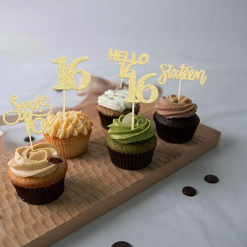 Gyufise 24Pcs Gold Glitter 16 Cupcake Toppers Sweet 16th Birthday Cake Toppers Hello 16 Sixteen Cupcake Picks for 16th Birthday Cake Decorations Supplies in Saudi Arabia