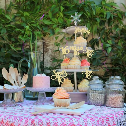 Gyufise 24Pcs Gold Glitter 16 Cupcake Toppers Sweet 16th Birthday Cake Toppers Hello 16 Sixteen Cupcake Picks for 16th Birthday Cake Decorations Supplies in Saudi Arabia