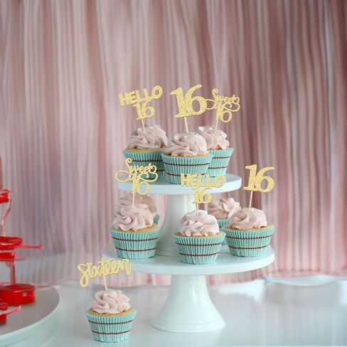 Gyufise 24Pcs Gold Glitter 16 Cupcake Toppers Sweet 16th Birthday Cake Toppers Hello 16 Sixteen Cupcake Picks for 16th Birthday Cake Decorations Supplies in Saudi Arabia