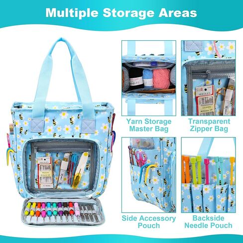 حقيبة كروشيه، منظم تخزين الغزل خالٍ من التشابك مع 3 حلقات، وحقيبة مشروع الحياكة ومنظم حقائب اليد الكبيرة وحقيبة لوازم الحرف اليدوية (نحلة العسل) in Kuwait