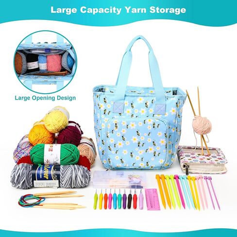 حقيبة كروشيه، منظم تخزين الغزل خالٍ من التشابك مع 3 حلقات، وحقيبة مشروع الحياكة ومنظم حقائب اليد الكبيرة وحقيبة لوازم الحرف اليدوية (نحلة العسل) in Kuwait