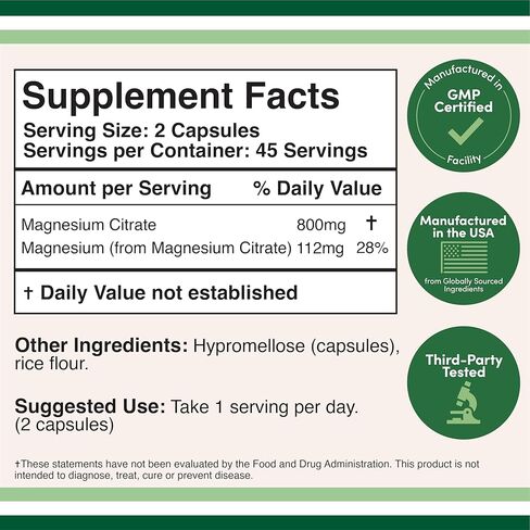 Magnesium Citrate Capsules 180 Capsules (Citrato de Magnesio) 800mg Servings, Vegan Safe, Manufactured in The USA by Double Wood Supplements in Saudi Arabia