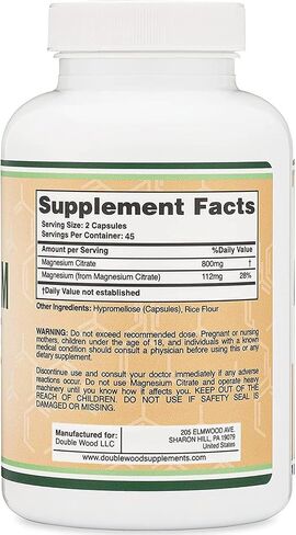 Magnesium Citrate Capsules 180 Capsules (Citrato de Magnesio) 800mg Servings, Vegan Safe, Manufactured in The USA by Double Wood Supplements in Saudi Arabia