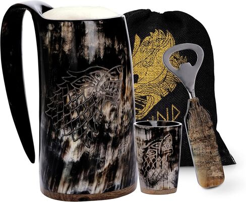 FENRIR Viking Drinking Horn Mug-16 Oz With Shot Glass | Viking Gifts for Men & Women | Bottle Opener | 100% Handmade & Real Ox Horn Tankard | Norse Viking Horn Cup Perfect For Beer, Ale, Mead, Whiskey in Saudi Arabia