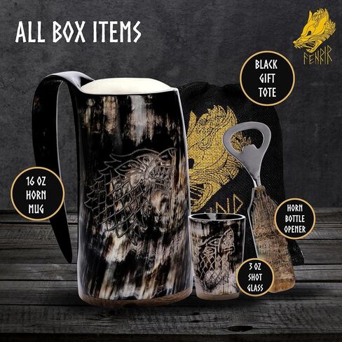 FENRIR Viking Drinking Horn Mug-16 Oz With Shot Glass | Viking Gifts for Men & Women | Bottle Opener | 100% Handmade & Real Ox Horn Tankard | Norse Viking Horn Cup Perfect For Beer, Ale, Mead, Whiskey in Saudi Arabia