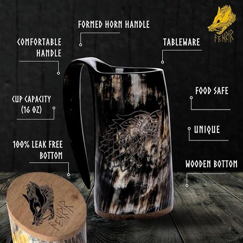 FENRIR Viking Drinking Horn Mug-16 Oz With Shot Glass | Viking Gifts for Men & Women | Bottle Opener | 100% Handmade & Real Ox Horn Tankard | Norse Viking Horn Cup Perfect For Beer, Ale, Mead, Whiskey in Saudi Arabia