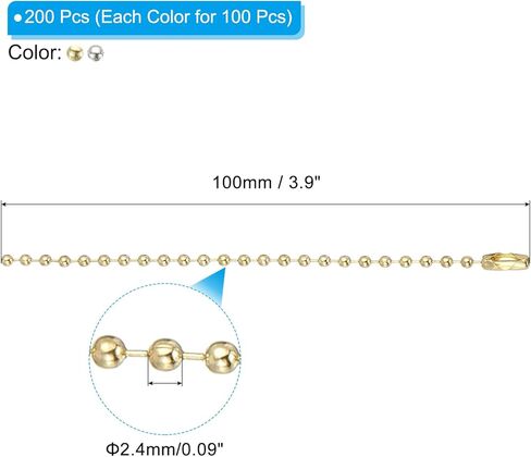 PATIKIL 2.4mm x 100mm Ball Beads Chain, 200Pcs Bead Link Extension Pull Chain with Connectors for Tag Keychain Rings DIY Crafts, Black White in Kuwait