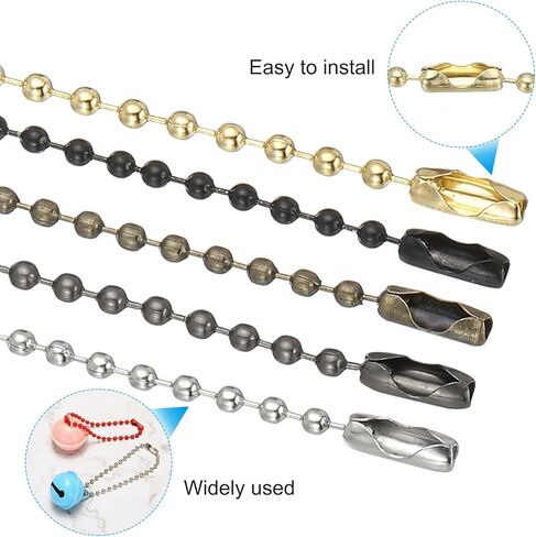 PATIKIL 2.4mm x 100mm Ball Beads Chain, 200Pcs Bead Link Extension Pull Chain with Connectors for Tag Keychain Rings DIY Crafts, Black White in Kuwait
