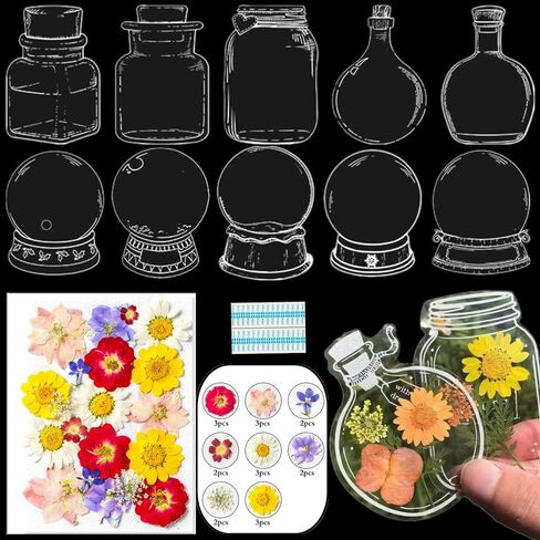 63pcs/مجموعة مرجعية مرجعية زهرة مجففة DIY ، علامات دفتر زهرة مضغوطة شفافة مصنوعة يدويًا ، مجموعة مخصصة لعلامات زجاجة زجاجة مخصصة لعلامات الزجاجة ، والهدايا (الزجاجة ، زهرة أ) in Kuwait
