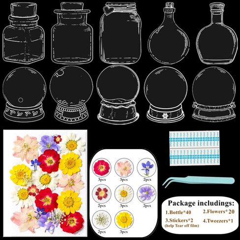 63pcs/مجموعة مرجعية مرجعية زهرة مجففة DIY ، علامات دفتر زهرة مضغوطة شفافة مصنوعة يدويًا ، مجموعة مخصصة لعلامات زجاجة زجاجة مخصصة لعلامات الزجاجة ، والهدايا (الزجاجة ، زهرة أ) in Kuwait