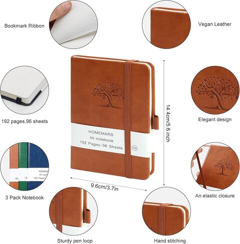 Homemars Small Notebook ، دفتر جيب ، 3 عبوات ، دفتر Notebook A6 ، فارغ ، 3.7 "× 5.7" جلدي ، بني ، أخضر ، أزرق ، 192 صفحة ، غلاف ، مجلة ميني Notepad ، تصميم الأشجار 80gsm in Kuwait