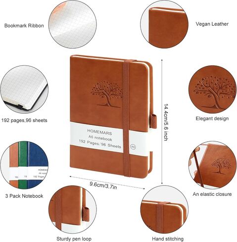 Homemars Small Notebook ، دفتر جيب ، 3 عبوات ، دفتر Notebook A6 ، فارغ ، 3.7 "× 5.7" جلدي ، بني ، أخضر ، أزرق ، 192 صفحة ، غلاف ، مجلة ميني Notepad ، تصميم الأشجار 80gsm in Kuwait