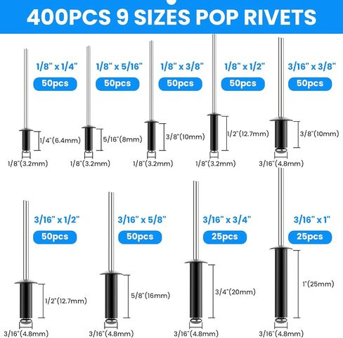 SDTC Tech 300pcs Sliver Pop Rivets Assortment Kit, 5 Sizes Aluminum Rivets, Flange Diameter 3/16", Assorted Blind Rivets for Metal, Furniture, Automotive, Instruments in Saudi Arabia