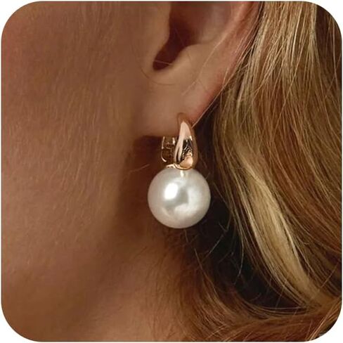 أقراط لؤلؤ كوبرين للنساء، مطلية بالذهب عيار 14 قيراط/925 من الفضة الاسترليني بجودة AAA + لآلئ مستديرة من المياه العذبة المستزرعة وأطواق ذهبية صغيرة متدلية من اللؤلؤ هدية مجوهرات الزفاف للنساء in Kuwait