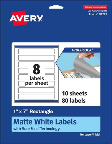 Avery TrueBlock Matte White Rectangle Labels with Sure Feed, 1" x 7", 80 Matte White Labels, Print-to-The-Edge, Laser/Inkjet Printable Labels, Great for Packaging and Product Labels in Saudi Arabia