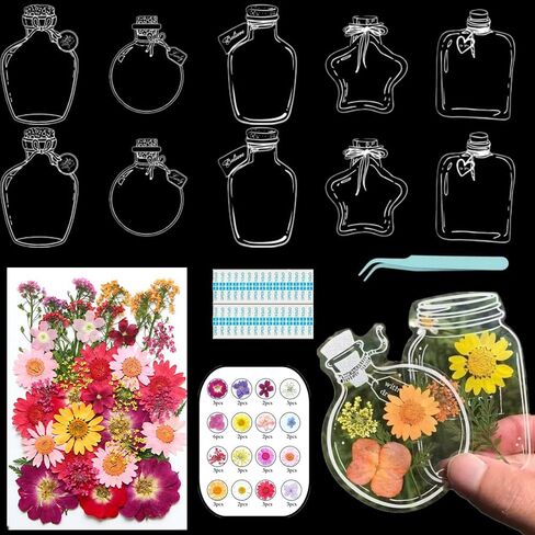 63pcs/مجموعة مرجعية مرجعية زهرة مجففة DIY ، علامات دفتر زهرة مضغوطة شفافة مصنوعة يدويًا ، مجموعة مخصصة لعلامات زجاجة زجاجة مخصصة لعلامات الزجاجة ، والهدايا (الزجاجة ، زهرة أ) in Kuwait