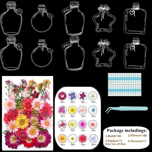 63pcs/مجموعة مرجعية مرجعية زهرة مجففة DIY ، علامات دفتر زهرة مضغوطة شفافة مصنوعة يدويًا ، مجموعة مخصصة لعلامات زجاجة زجاجة مخصصة لعلامات الزجاجة ، والهدايا (الزجاجة ، زهرة أ) in Kuwait
