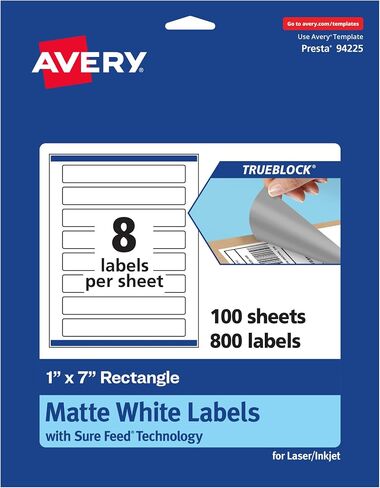 Avery TrueBlock Matte White Rectangle Labels with Sure Feed, 1" x 7", 80 Matte White Labels, Print-to-The-Edge, Laser/Inkjet Printable Labels, Great for Packaging and Product Labels in Saudi Arabia