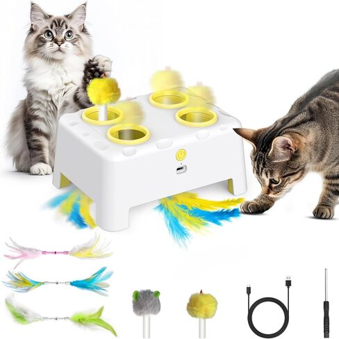 Cat Toys, 2 in1 Automatic Interactive Cat Toys for Indoor Cats, 4 Holes Mice Whack a Mole Cat Mouse Toy with Moving Feather, Rechargeable USB Power Kitten Feather Toys for All Breeds (Green) in Saudi Arabia