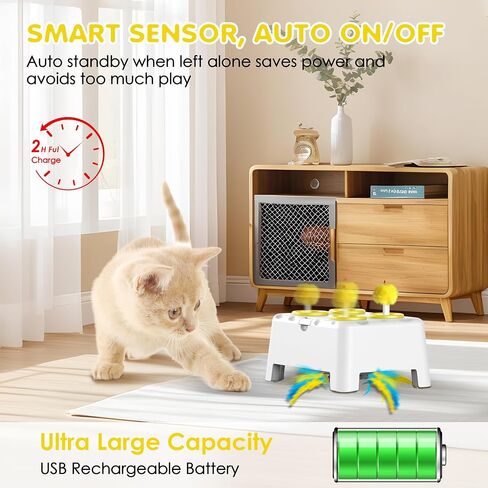 Cat Toys, 2 in1 Automatic Interactive Cat Toys for Indoor Cats, 4 Holes Mice Whack a Mole Cat Mouse Toy with Moving Feather, Rechargeable USB Power Kitten Feather Toys for All Breeds (Green) in Saudi Arabia