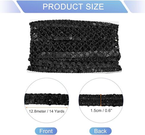 uxcell 14 Yards Sequins Trim Ribbon 0.6 Inch Sequin Gimp Braid Trim Beaded Lace Ribbon Paillette Fabric Flat Trims Strips for Crafts Sewing Clothes Home Party Decoration, Black in Kuwait