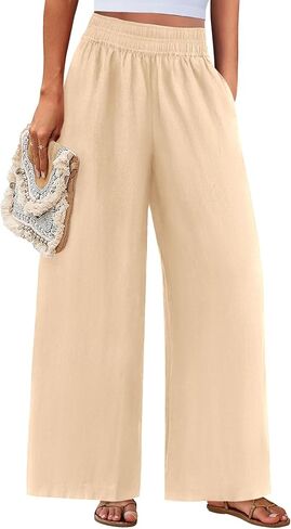 بنطلون نسائي واسع الساق من PRETTYGARDEN كاجوال 2025 بخصر مطاطي فضفاض سروال بالازو متدفق مع جيوب in Kuwait