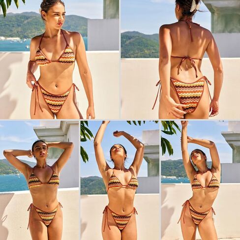 ZAFUL Women's Colorblock Stripes Triangle Halter Tied Cheeky Thong Bikini Set High Cut Two Piece Bathing Suit in Kuwait