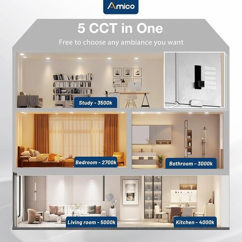 Amico 24 Pack 6 Inch 5CCT Ultra-Thin LED Recessed Ceiling Light with Junction Box, 2700K/3000K/3500K/4000K/5000K Selectable, 1050 Lumens, Dimmable Canless Wafer Downlight, 12W Eqv 110W-ETL&FCC in Kuwait