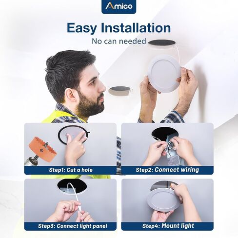 Amico 24 Pack 6 Inch 5CCT Ultra-Thin LED Recessed Ceiling Light with Junction Box, 2700K/3000K/3500K/4000K/5000K Selectable, 1050 Lumens, Dimmable Canless Wafer Downlight, 12W Eqv 110W-ETL&FCC in Kuwait