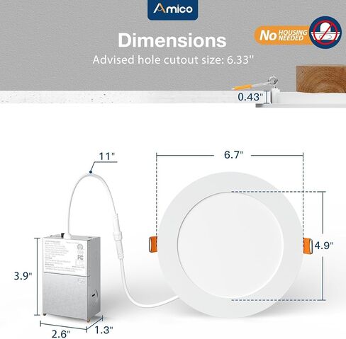 Amico 24 Pack 6 Inch 5CCT Ultra-Thin LED Recessed Ceiling Light with Junction Box, 2700K/3000K/3500K/4000K/5000K Selectable, 1050 Lumens, Dimmable Canless Wafer Downlight, 12W Eqv 110W-ETL&FCC in Kuwait