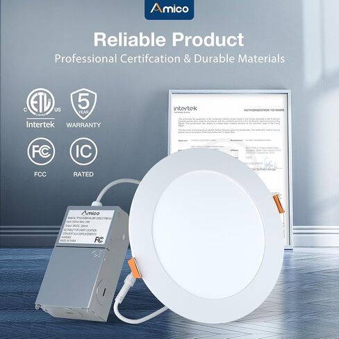 Amico 24 Pack 6 Inch 5CCT Ultra-Thin LED Recessed Ceiling Light with Junction Box, 2700K/3000K/3500K/4000K/5000K Selectable, 1050 Lumens, Dimmable Canless Wafer Downlight, 12W Eqv 110W-ETL&FCC in Kuwait
