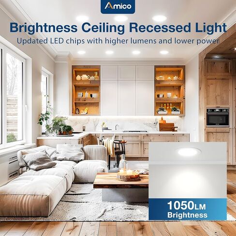 Amico 24 Pack 6 Inch 5CCT Ultra-Thin LED Recessed Ceiling Light with Junction Box, 2700K/3000K/3500K/4000K/5000K Selectable, 1050 Lumens, Dimmable Canless Wafer Downlight, 12W Eqv 110W-ETL&FCC in Kuwait