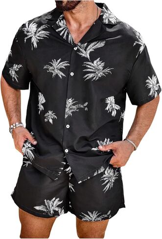 Men's 2 Piece Short Set Floral Short Sleeve Button Down Vacation Shirts and Drawstring Beach Shorts in Kuwait