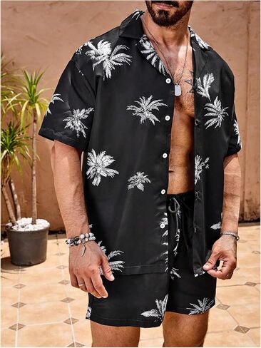 Men's 2 Piece Short Set Floral Short Sleeve Button Down Vacation Shirts and Drawstring Beach Shorts in Kuwait