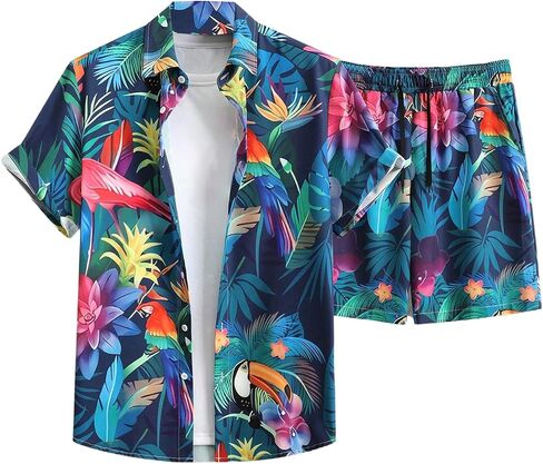 Men's 2 Piece Short Set Floral Short Sleeve Button Down Vacation Shirts and Drawstring Beach Shorts in Kuwait