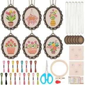 INFUNLY 6 Sets DIY Flower Necklace Embroidery Kit for Adult Beginner Embroidery Pendant Kit Floral Theme Embroidery Necklace Kit Flower Leaf Cross Stitch Kits with Instructions for Women Gift