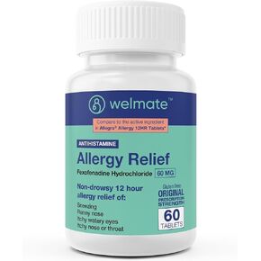 WELMATE Allergy Relief | Fexofenadine HCl 60 mg Non-Drowsy Antihistamine | 100 Count Tablets | 12 Hour All Day Support