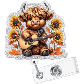 Highland Cow Badge Reel Holder Sunflower Butterfly Retractable with Swivel Alligator Clip for Nurse Name Tag Card Nursing for Doctor Teacher Student Employee Office Medical Work