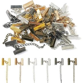 KISSITTY 30 Sets Ribbon Ends with Extender Chain Lobster Claw Clasps for Necklace Jewelry Making Leather Crimp Ends Bracelet Clamps for DIY Choker Anklets Bookmarks Crafts Making