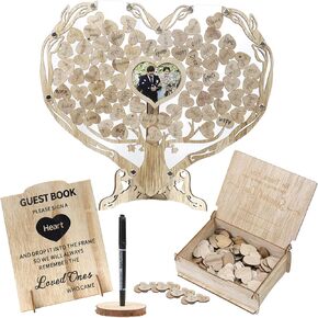 Forbfan Wedding Guest Book Alternative ، 100 pcs Wooden Heart Drop Box Boxbook مع إطار للصور ، تسجيل الدخول في كتاب حفل زفاف