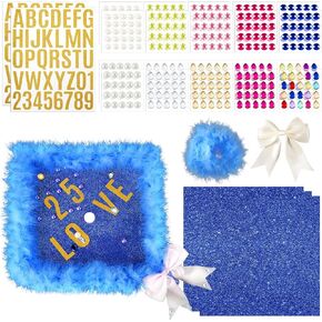 Supervitae 27 Pcs Handmade Graduation Cap Decoration Kit Include Glitter Grad Topper Fluffy Boa Glitter Number Letter Sheets, Bow, Rhinestone and Pearl Stickers for Grad Cap DIY Craft