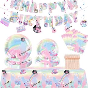 99 Pcs Music Birthday Party Decorations Pink Plate and Napkins Party Supplies Include Banner, Tablecloth, Plates and Forks, Napkins, Hanging Swirls, Serves 24 Guests
