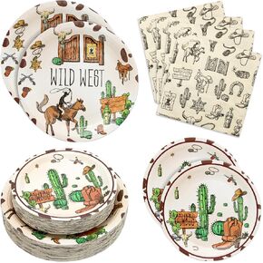 180pcs لوازم حفلات رعاة البقر خدمة 60 ، أطباق ورقية عيد ميلاد Western Cowboy ولوحات المناديل لزخارف حفلة عيد ميلاد روديو ، تشمل لوحات العشاء ، لوحات الحلوى ، المناديل